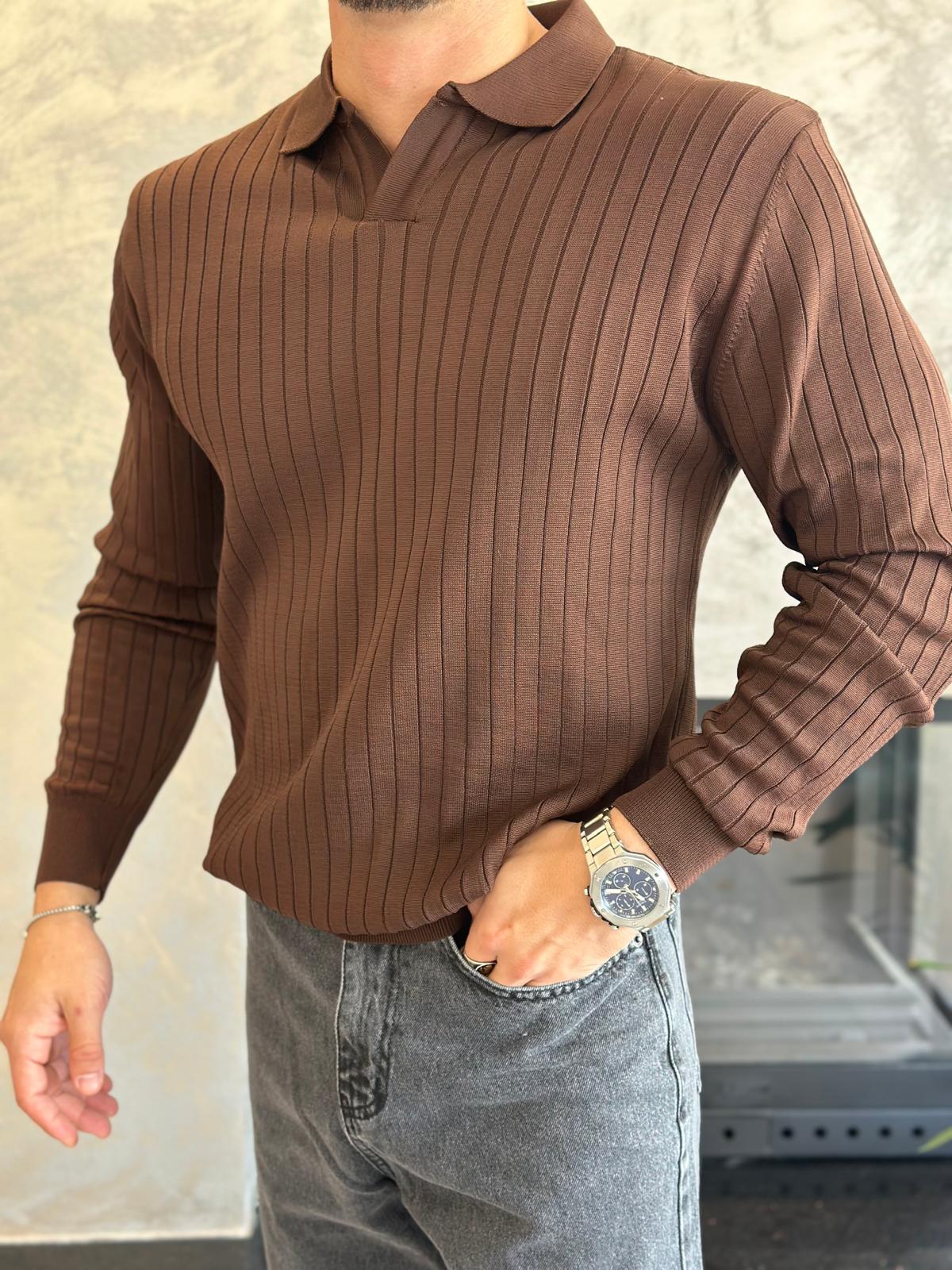 Erkek Regular Fit Polo Yaka Fitilli Triko Kazak Acı Kahve  Eca046