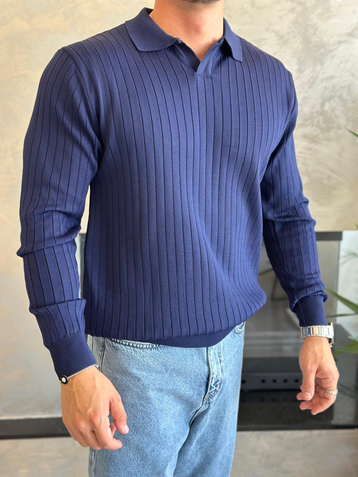 Erkek Regular Fit Polo Yaka Fitilli Triko Kazak Lacivert Eca046
