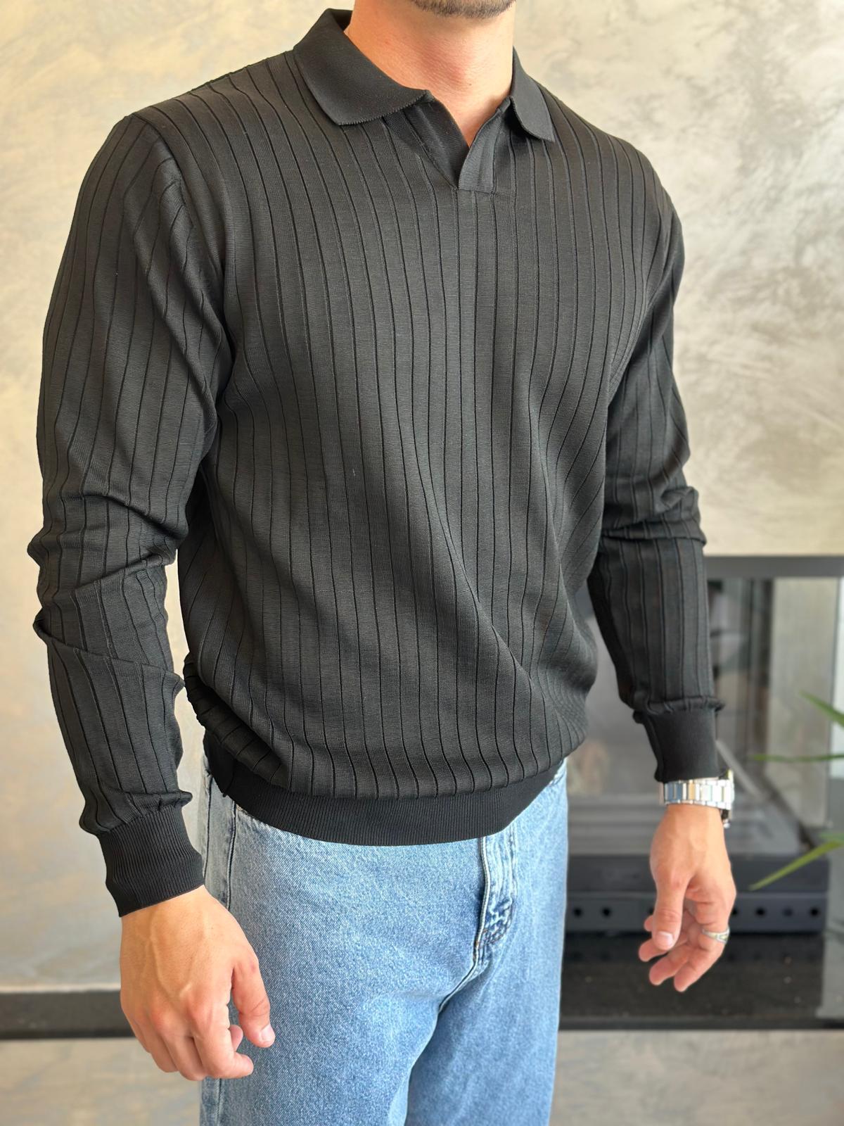 Erkek Regular Fit Polo Yaka Fitilli Triko Kazak Siyah Eca046