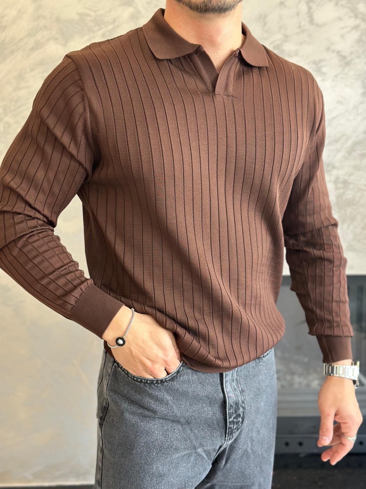 Erkek Regular Fit Polo Yaka Fitilli Triko Kazak Acı Kahve  Eca046