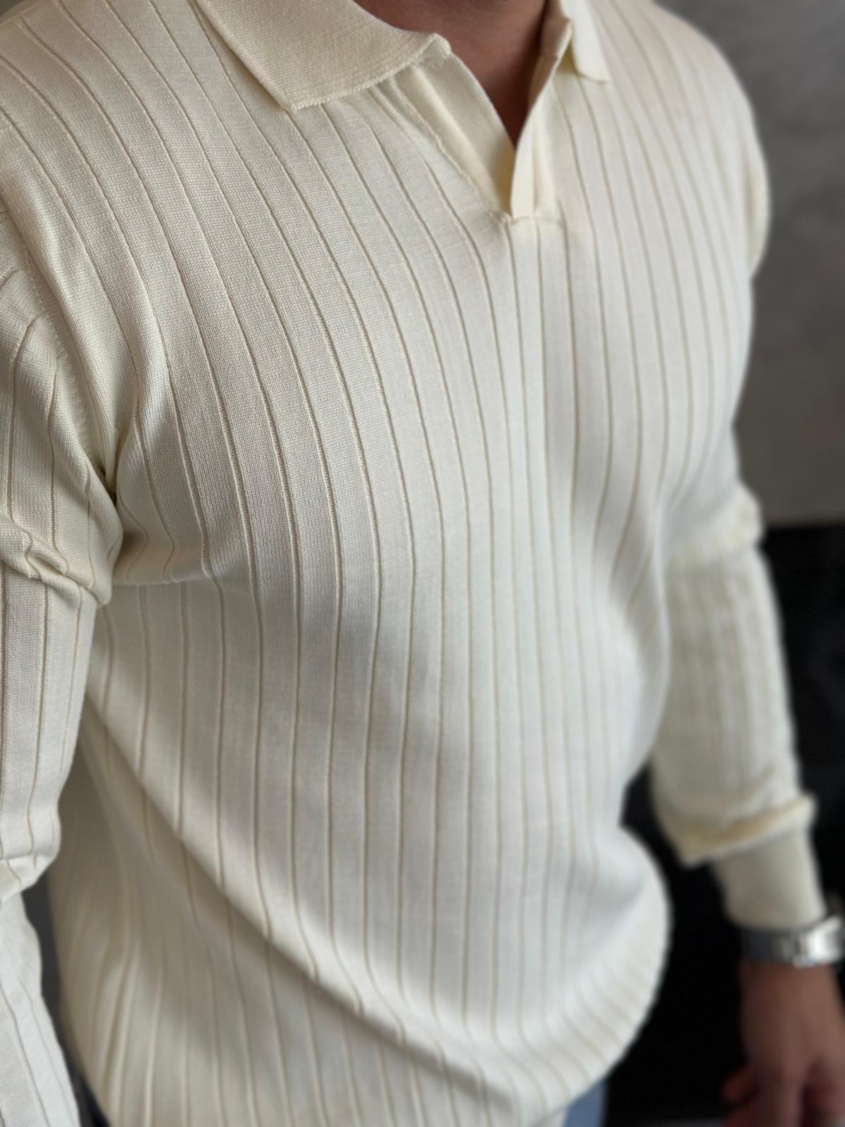 Erkek Regular Fit Polo Yaka Fitilli Triko Kazak Krem Eca046
