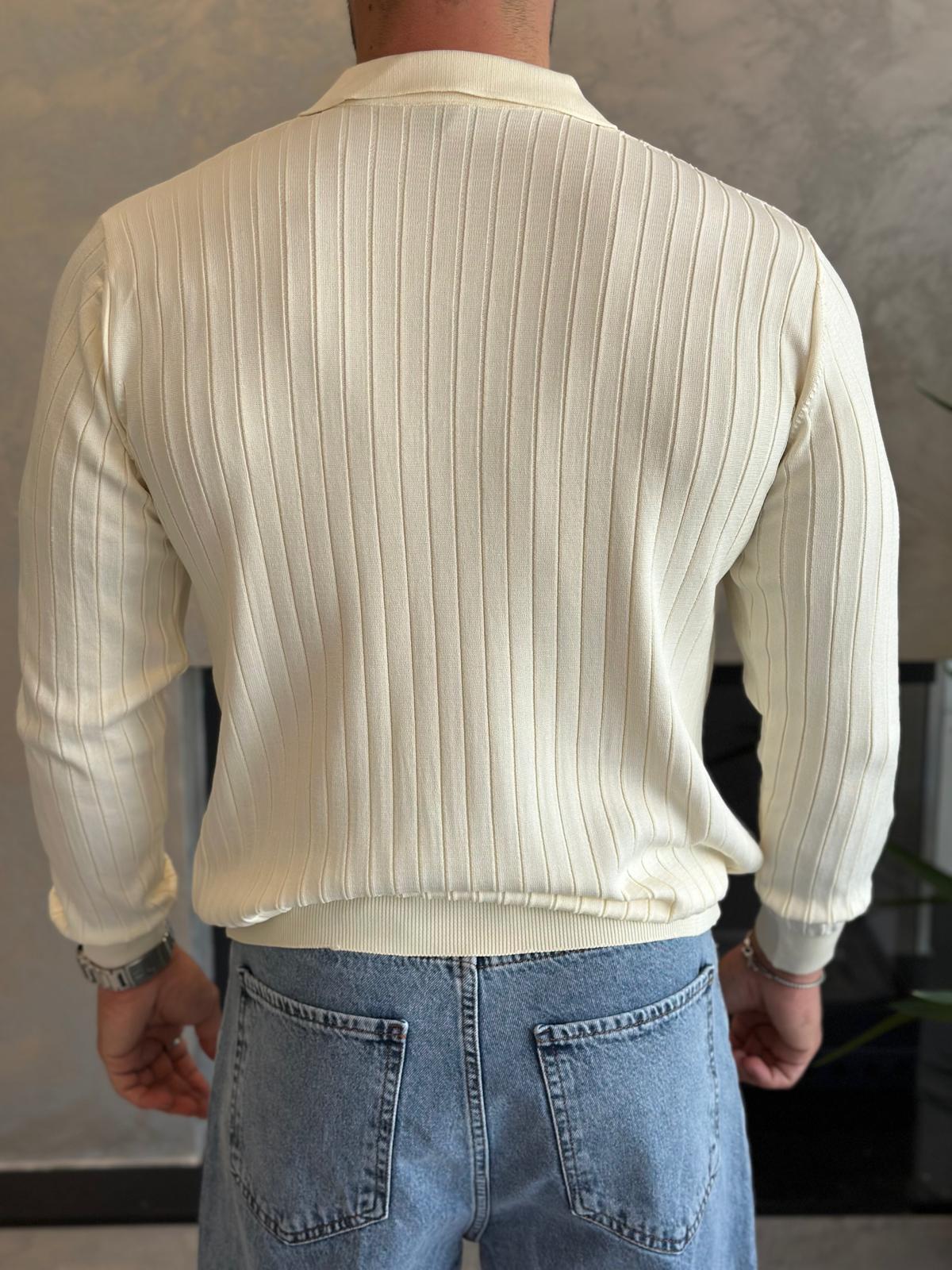 Erkek Regular Fit Polo Yaka Fitilli Triko Kazak Krem Eca046