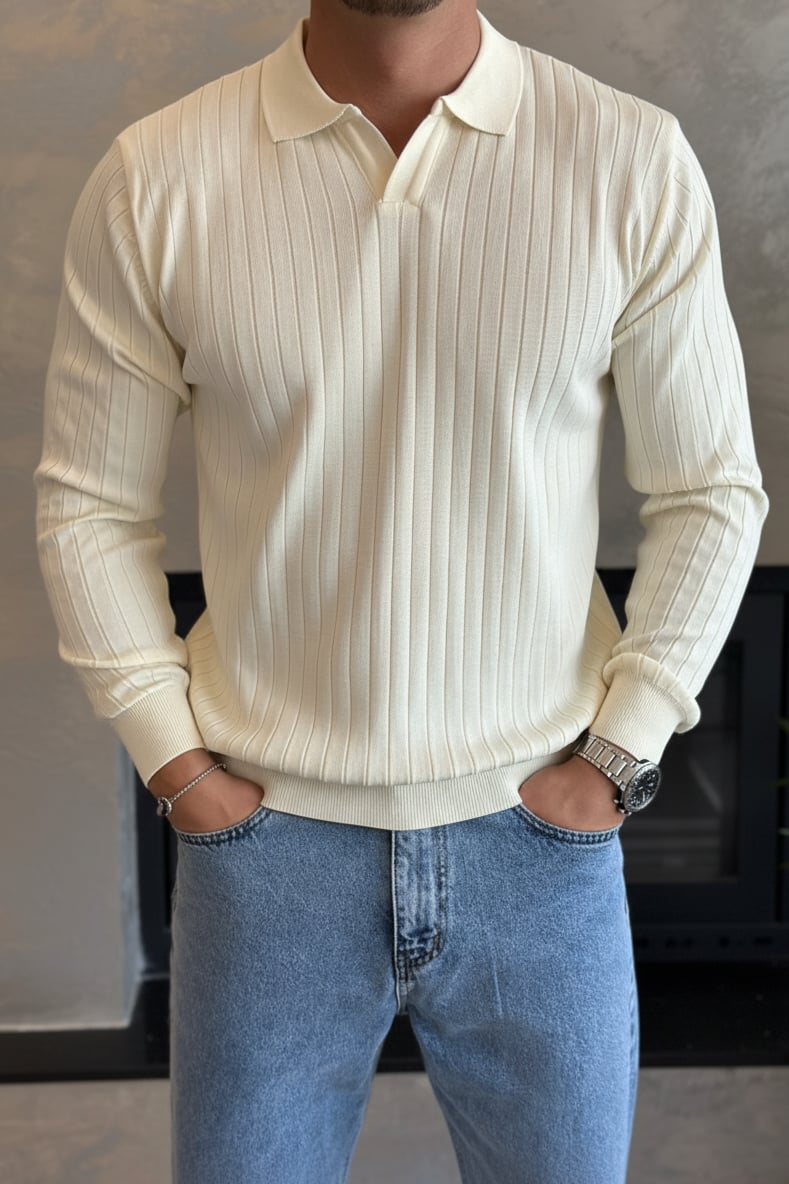 Erkek Regular Fit Polo Yaka Fitilli Triko Kazak Krem Eca046