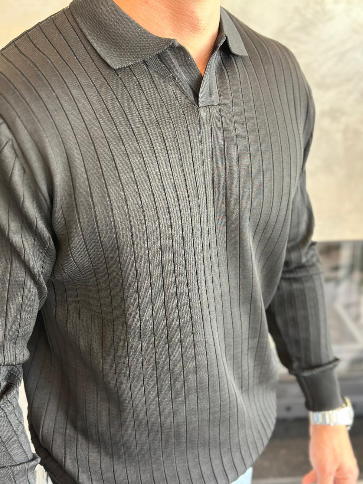 Erkek Regular Fit Polo Yaka Fitilli Triko Kazak Siyah Eca046