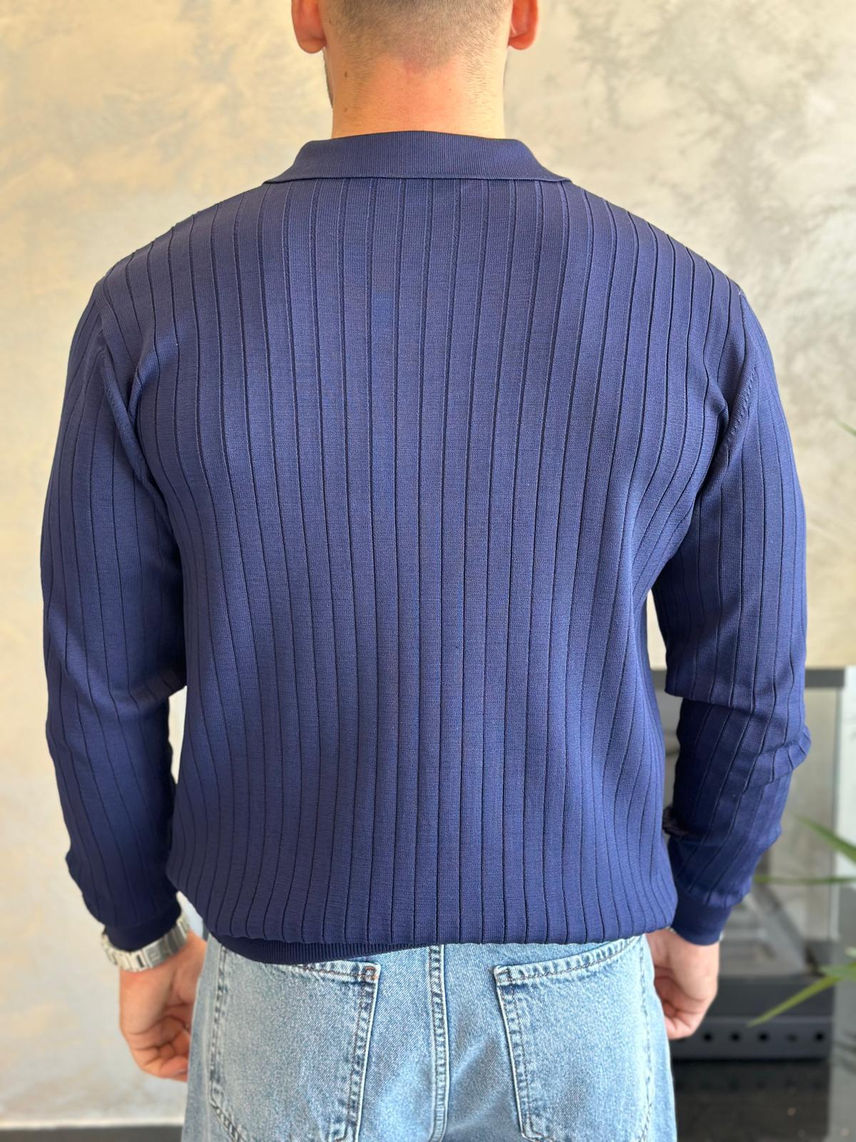 Erkek Regular Fit Polo Yaka Fitilli Triko Kazak Lacivert Eca046