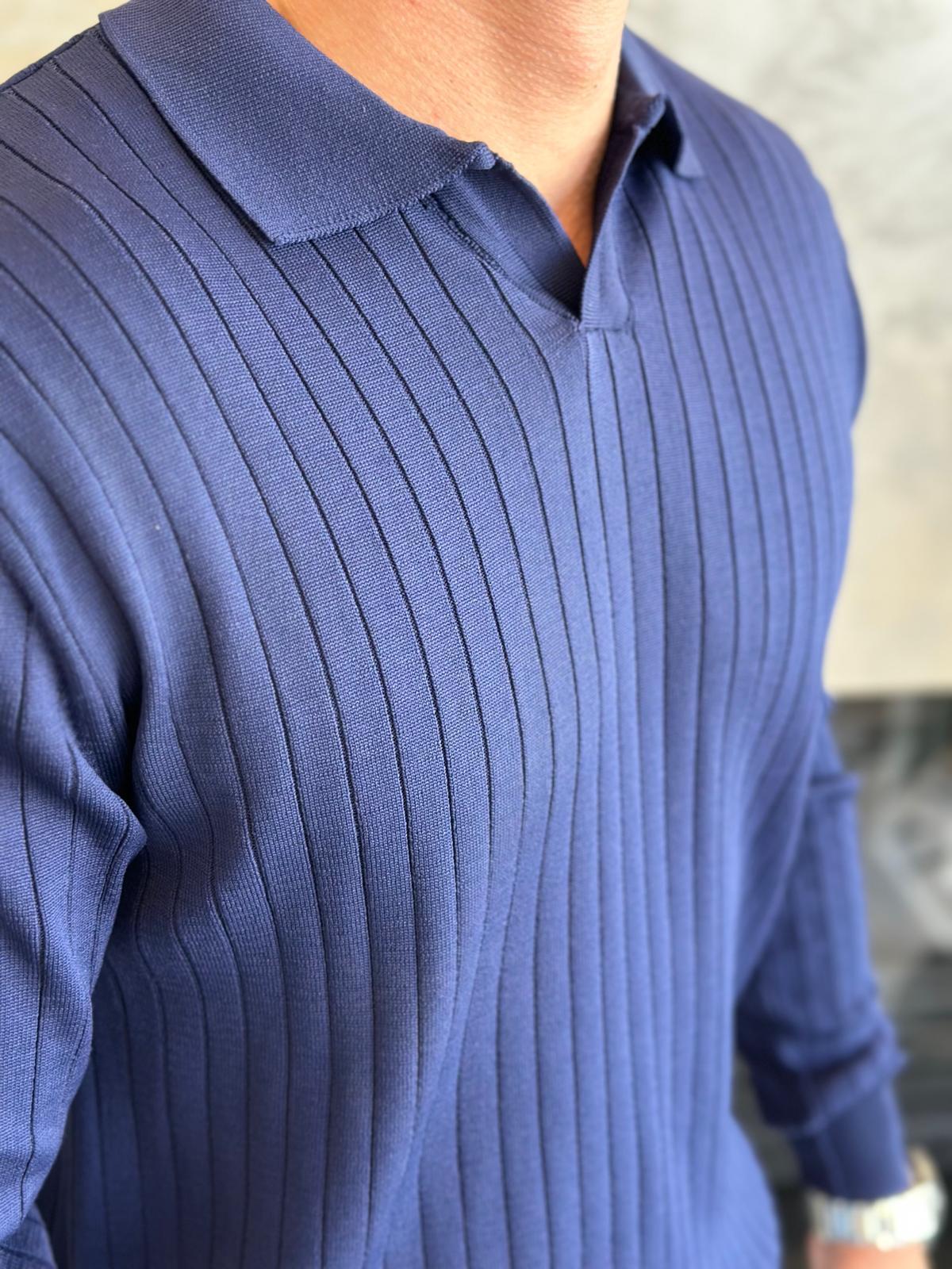 Erkek Regular Fit Polo Yaka Fitilli Triko Kazak Lacivert Eca046