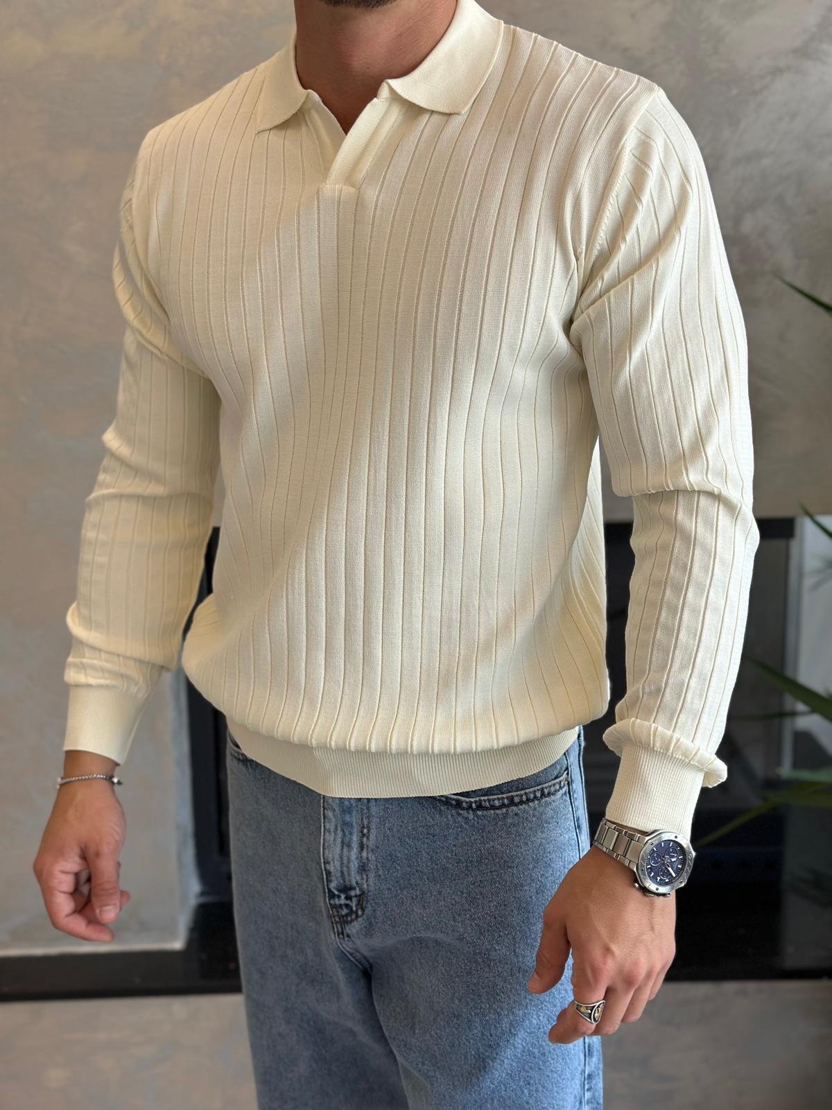 Erkek Regular Fit Polo Yaka Fitilli Triko Kazak Krem Eca046