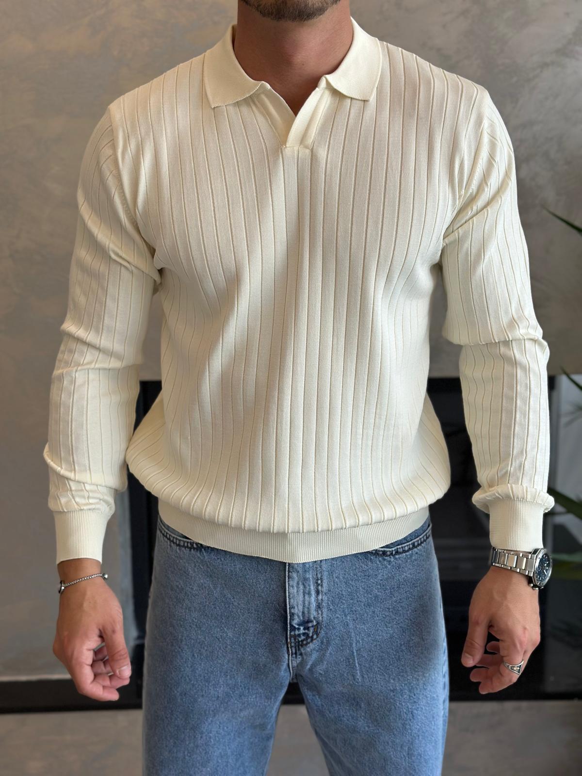 Erkek Regular Fit Polo Yaka Fitilli Triko Kazak Krem Eca046