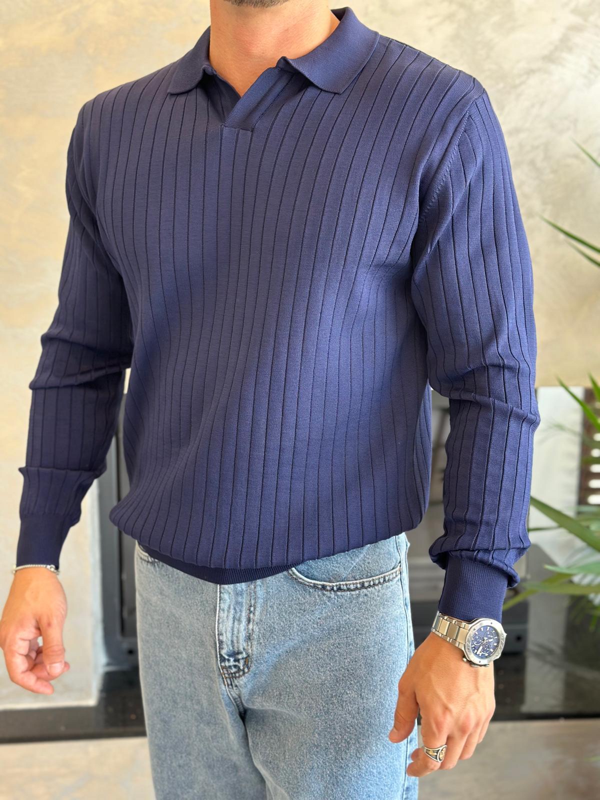 Erkek Regular Fit Polo Yaka Fitilli Triko Kazak Lacivert Eca046