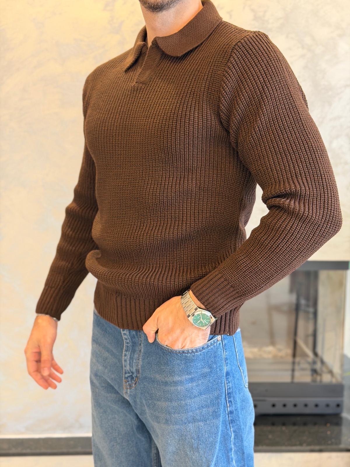 Erkek Regular Fit Polo Yaka Kazak Acı Kahve  Eca055