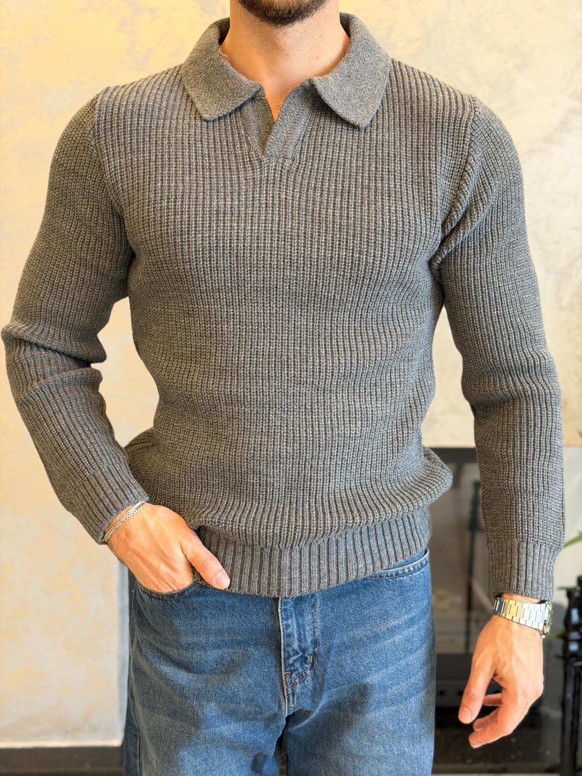 Erkek Regular Fit Polo Yaka Kazak Gri Eca055