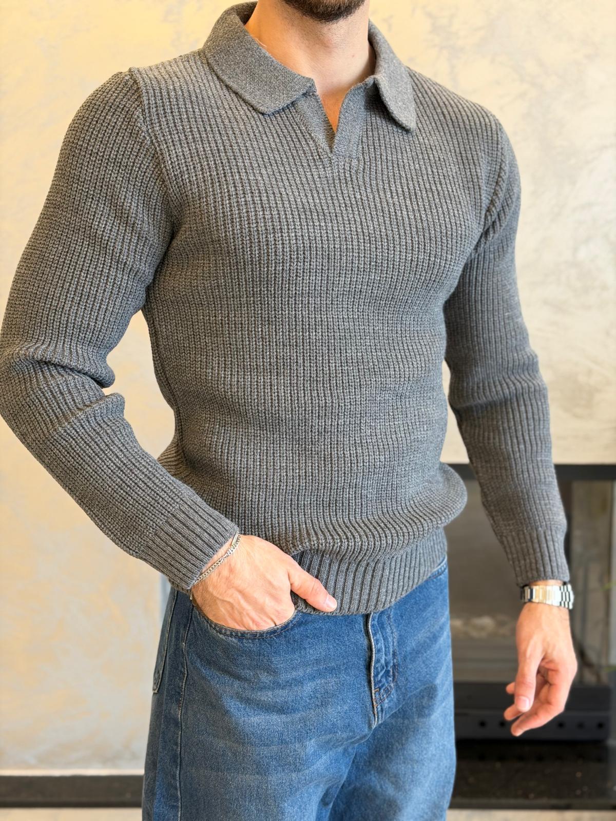 Erkek Regular Fit Polo Yaka Kazak Gri Eca055