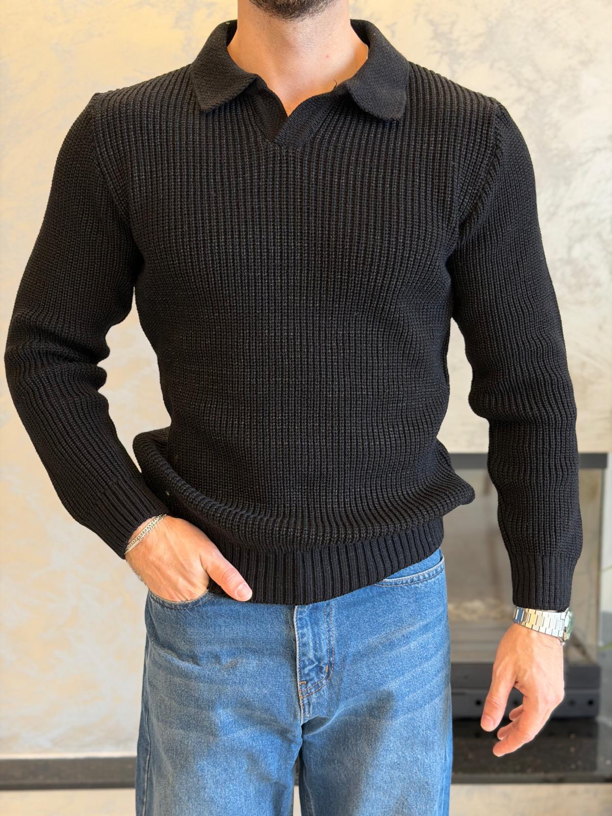 Erkek Regular Fit Polo Yaka Kazak Siyah Eca055