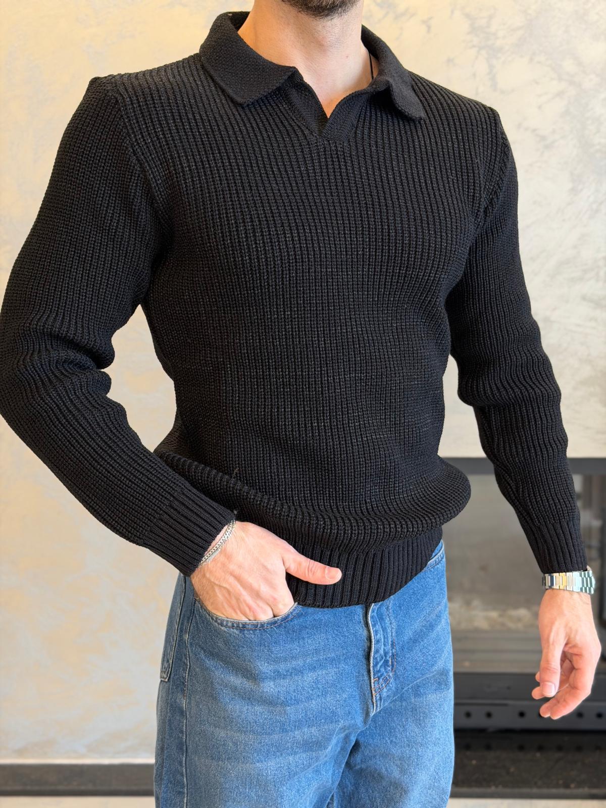 Erkek Regular Fit Polo Yaka Kazak Siyah Eca055