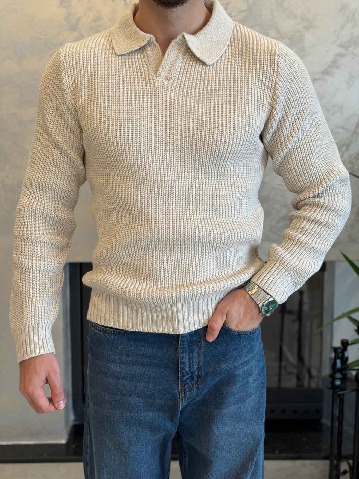 Erkek Regular Fit Polo Yaka Kazak Taş Eca055