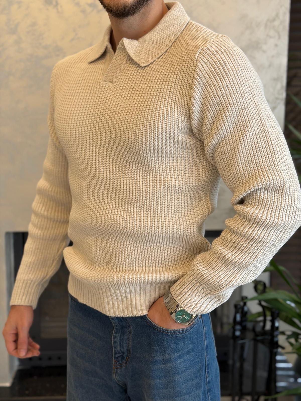 Erkek Regular Fit Polo Yaka Kazak Taş Eca055