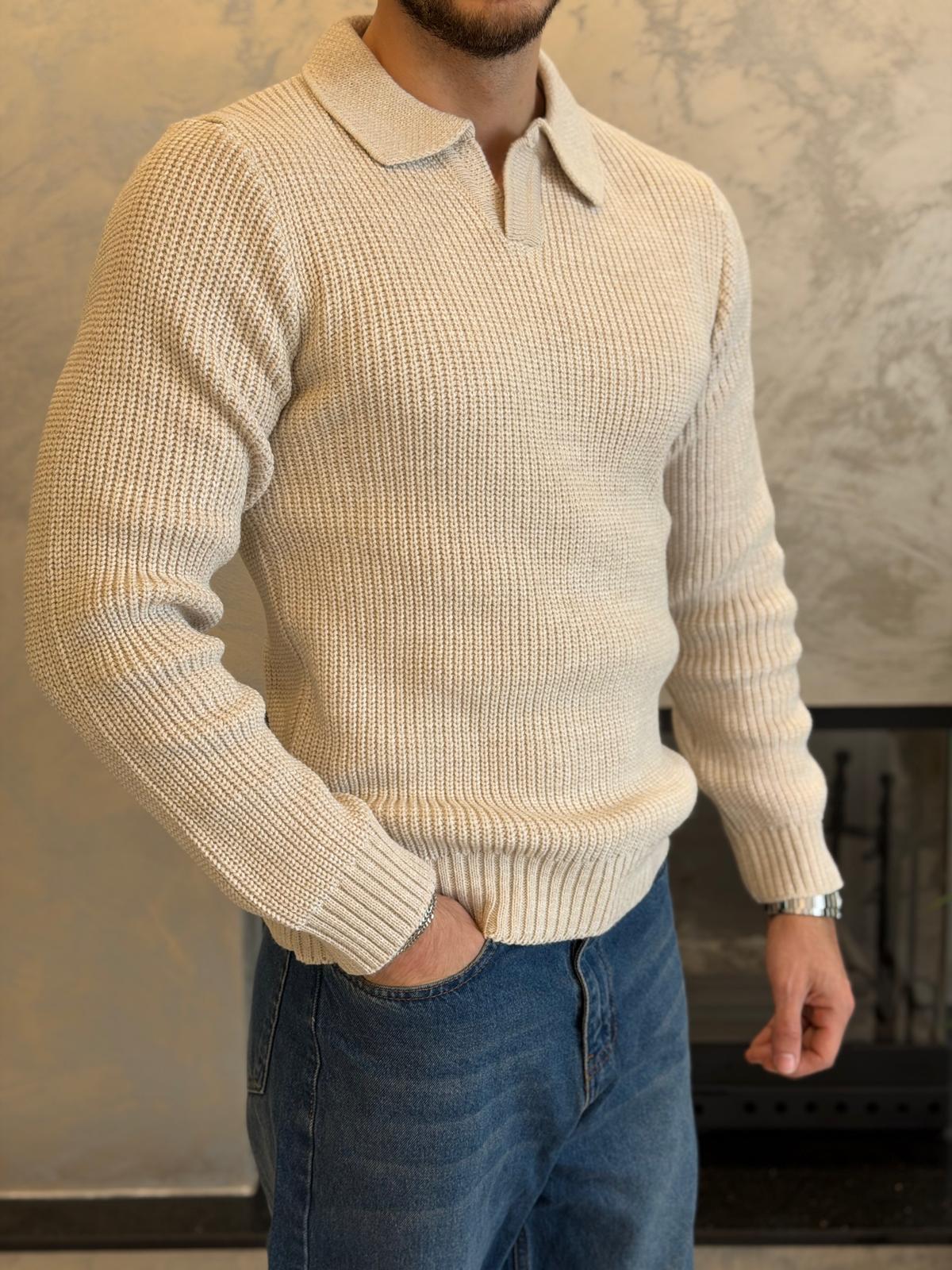 Erkek Regular Fit Polo Yaka Kazak Taş Eca055