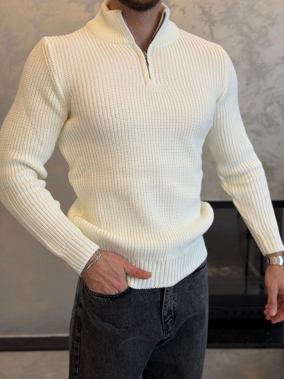 Erkek Regular Fit Ters Örgü Kazak Beyaz Eca056
