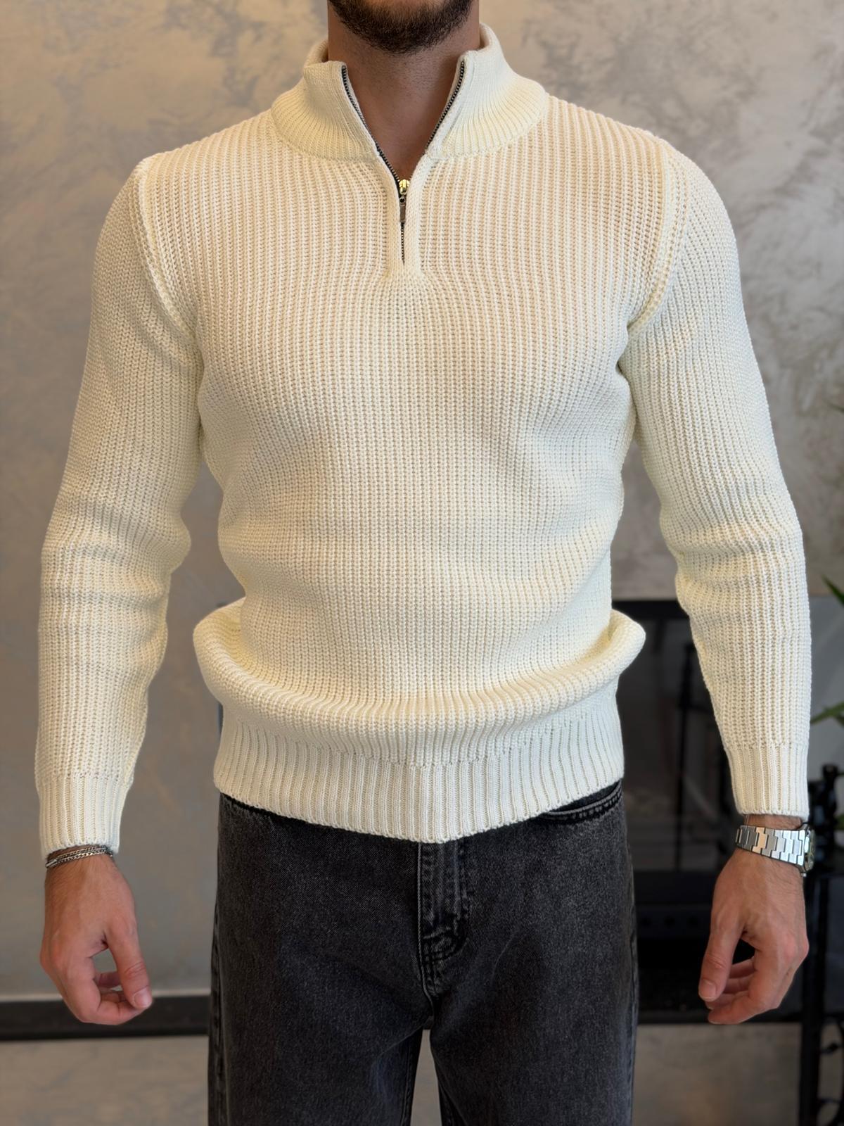 Erkek Regular Fit Ters Örgü Kazak Beyaz Eca056