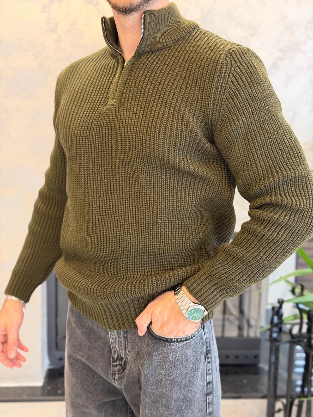Erkek Regular Fit Ters Örgü Kazak Haki Eca056