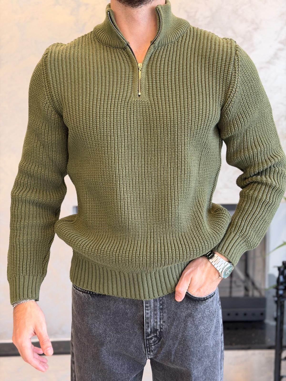Erkek Regular Fit Ters Örgü Kazak Yeşil Eca056