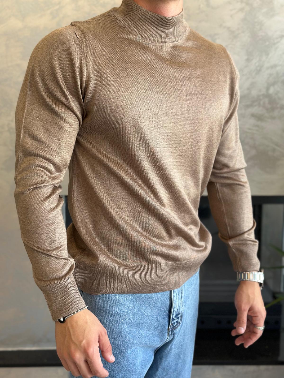 Erkek Regular Fit Yarım Balıkçı Yaka Triko Kazak Kahverengi Eca042