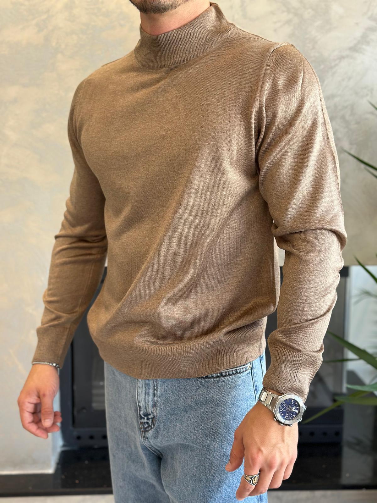 Erkek Regular Fit Yarım Balıkçı Yaka Triko Kazak Kahverengi Eca042
