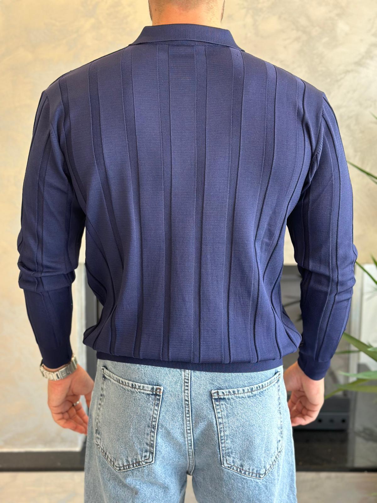 Erkek Regular Fit Yarım Fermuarlı  Fitilli Triko Kazak Lacivert Eca047