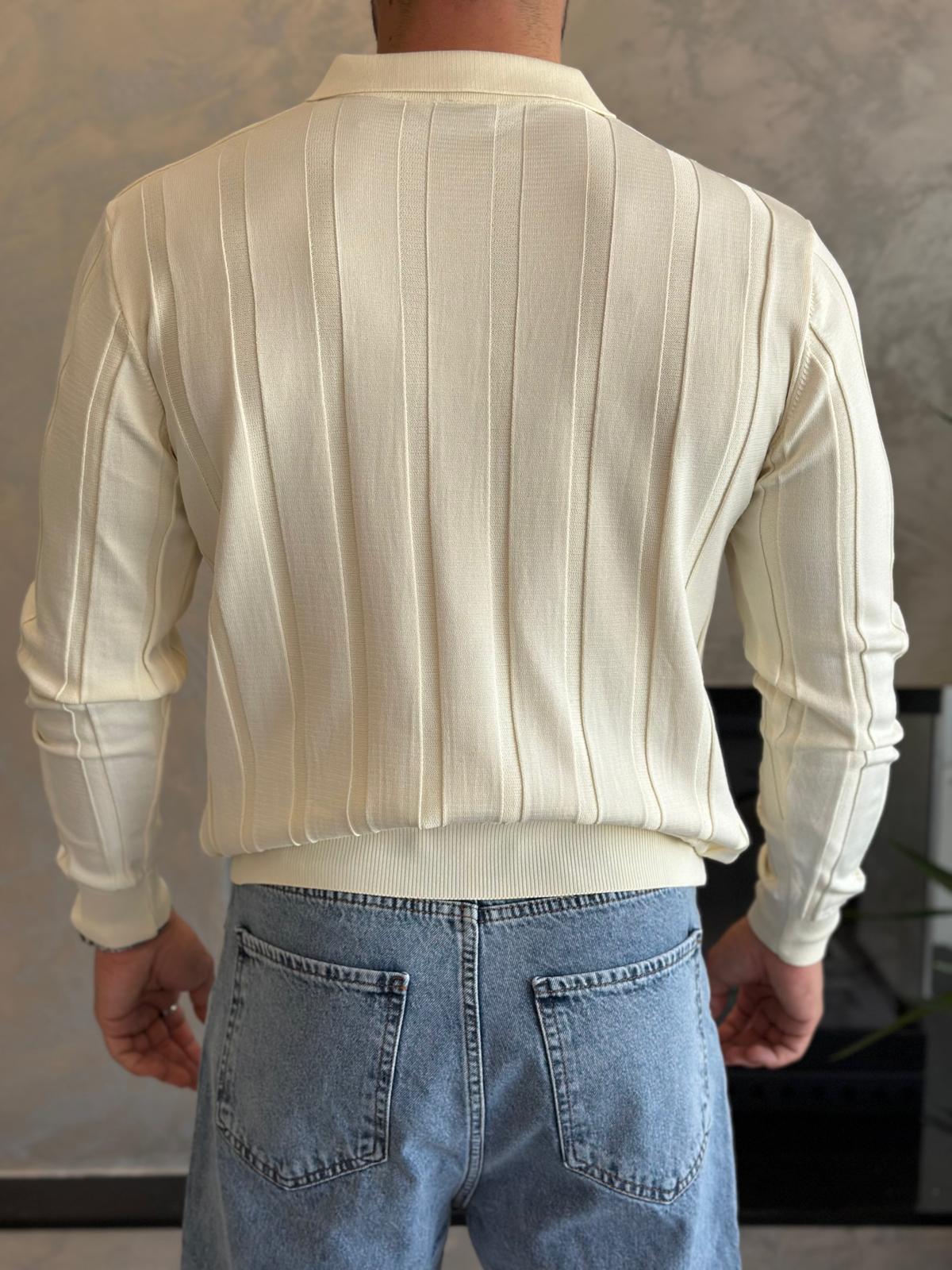 Erkek Regular Fit Yarım Fermuarlı  Fitilli Triko Kazak Krem Eca047