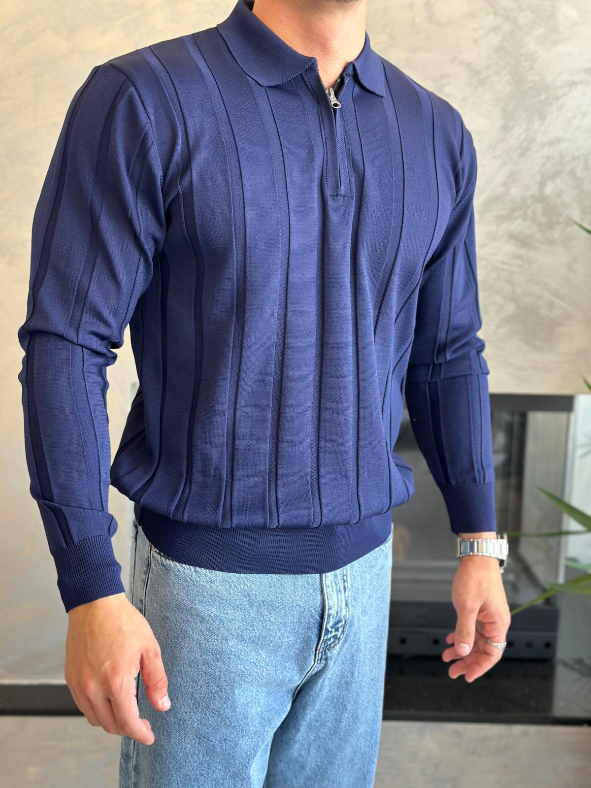 Erkek Regular Fit Yarım Fermuarlı  Fitilli Triko Kazak Lacivert Eca047