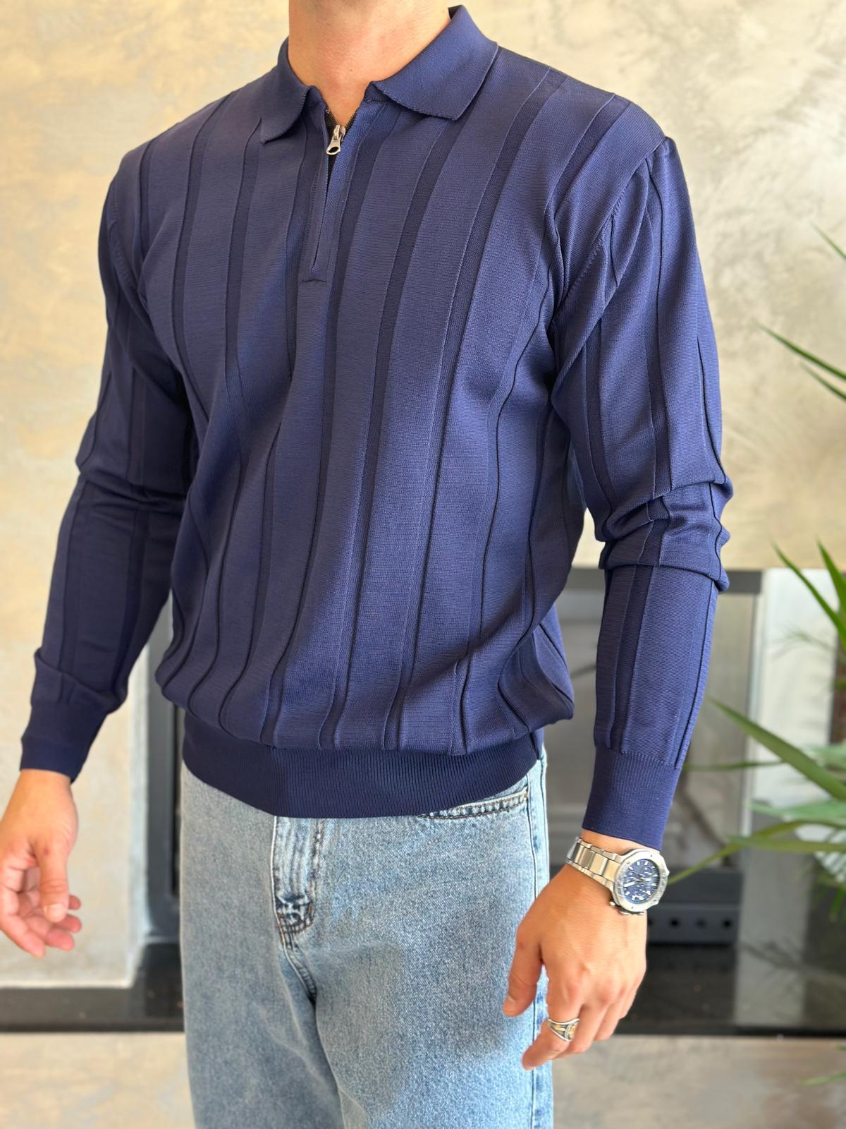 Erkek Regular Fit Yarım Fermuarlı  Fitilli Triko Kazak Lacivert Eca047
