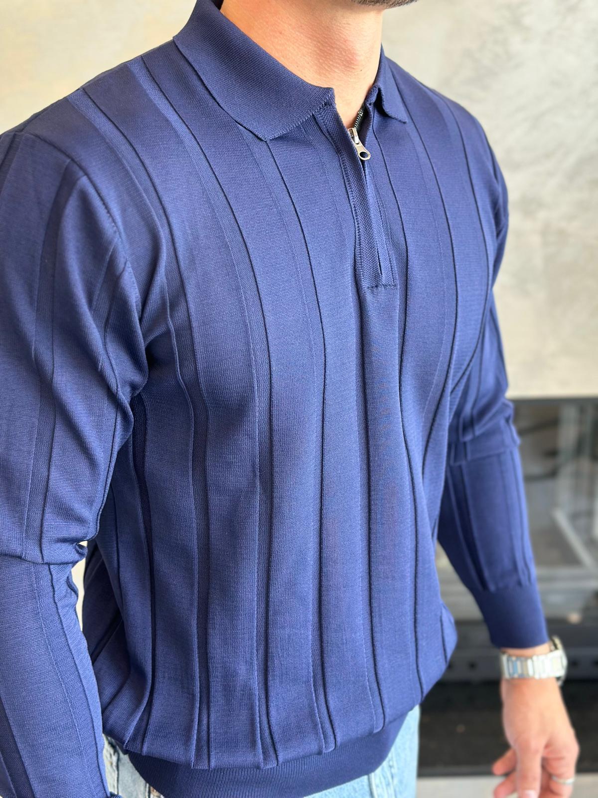 Erkek Regular Fit Yarım Fermuarlı  Fitilli Triko Kazak Lacivert Eca047