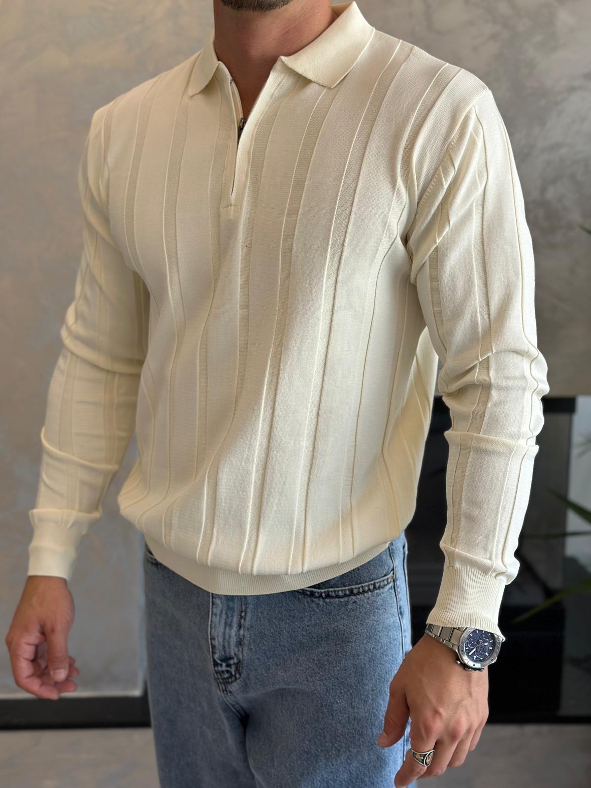 Erkek Regular Fit Yarım Fermuarlı  Fitilli Triko Kazak Krem Eca047