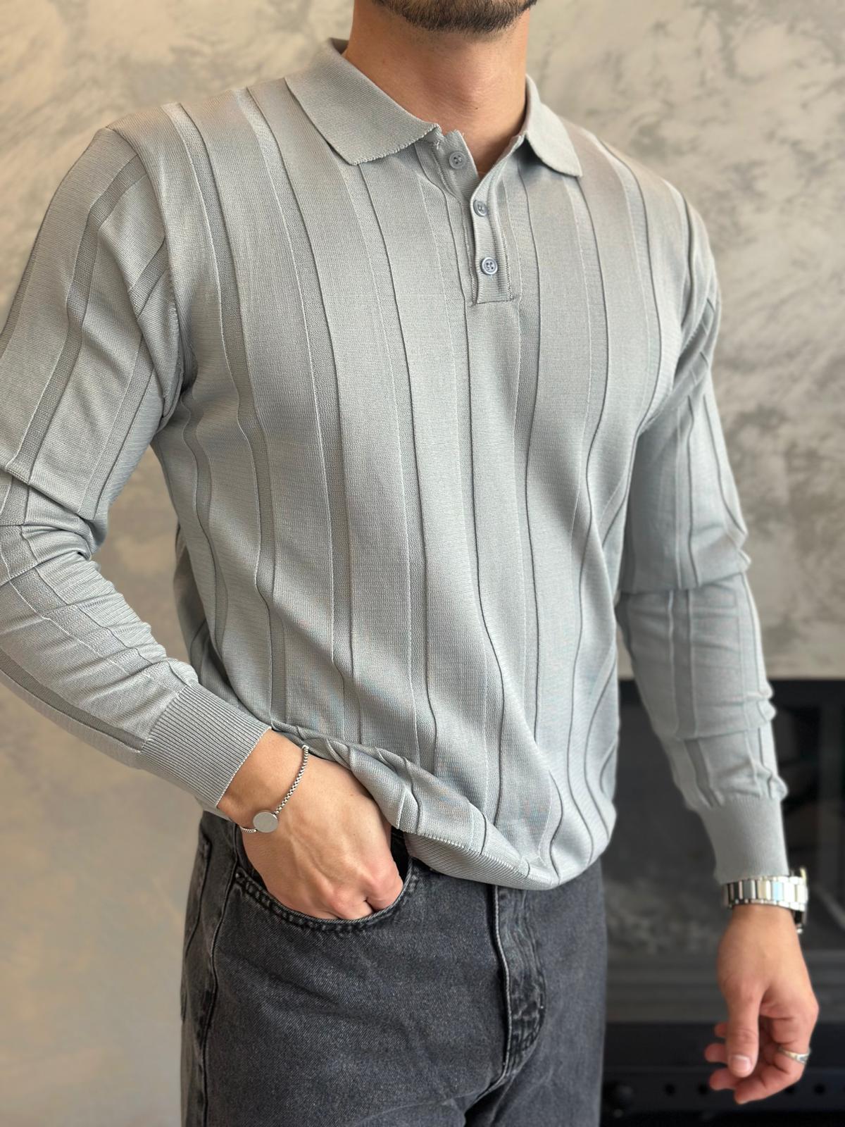 Erkek Regular Fit Yarım Fermuarlı  Fitilli Triko Kazak Gri Eca047