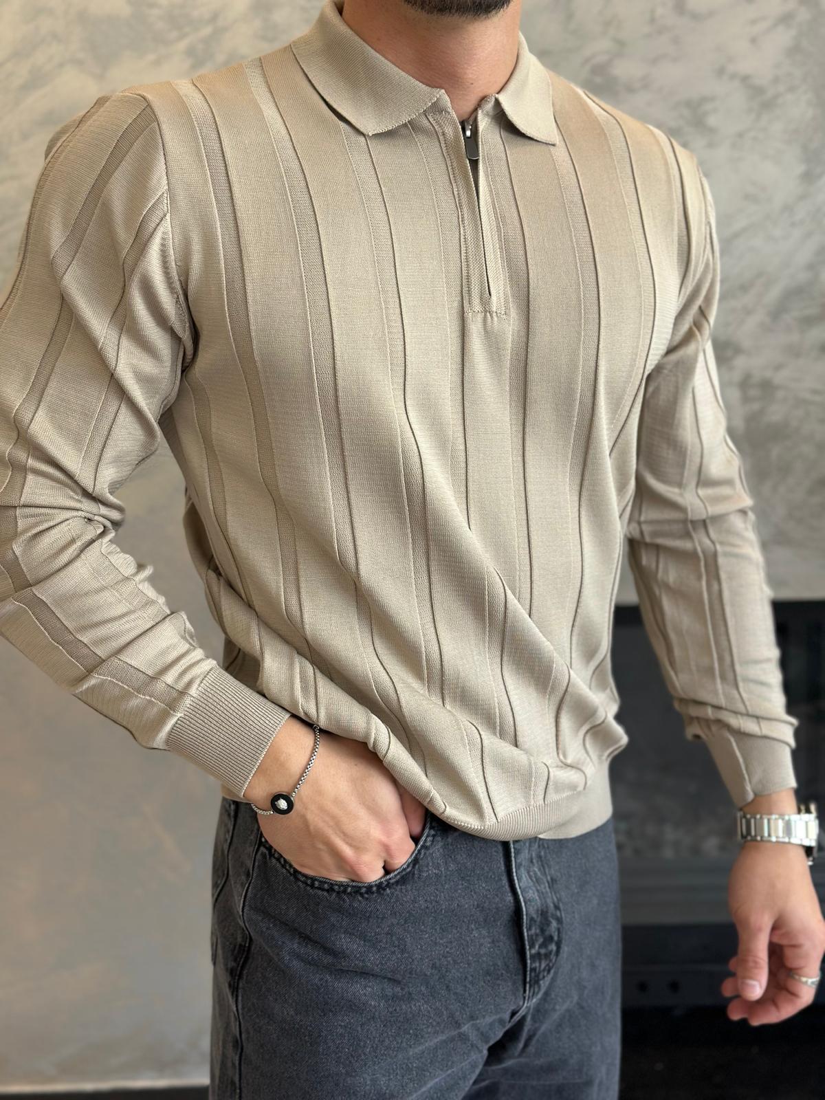 Erkek Regular Fit Yarım Fermuarlı  Fitilli Triko Kazak Kahverengi Eca047