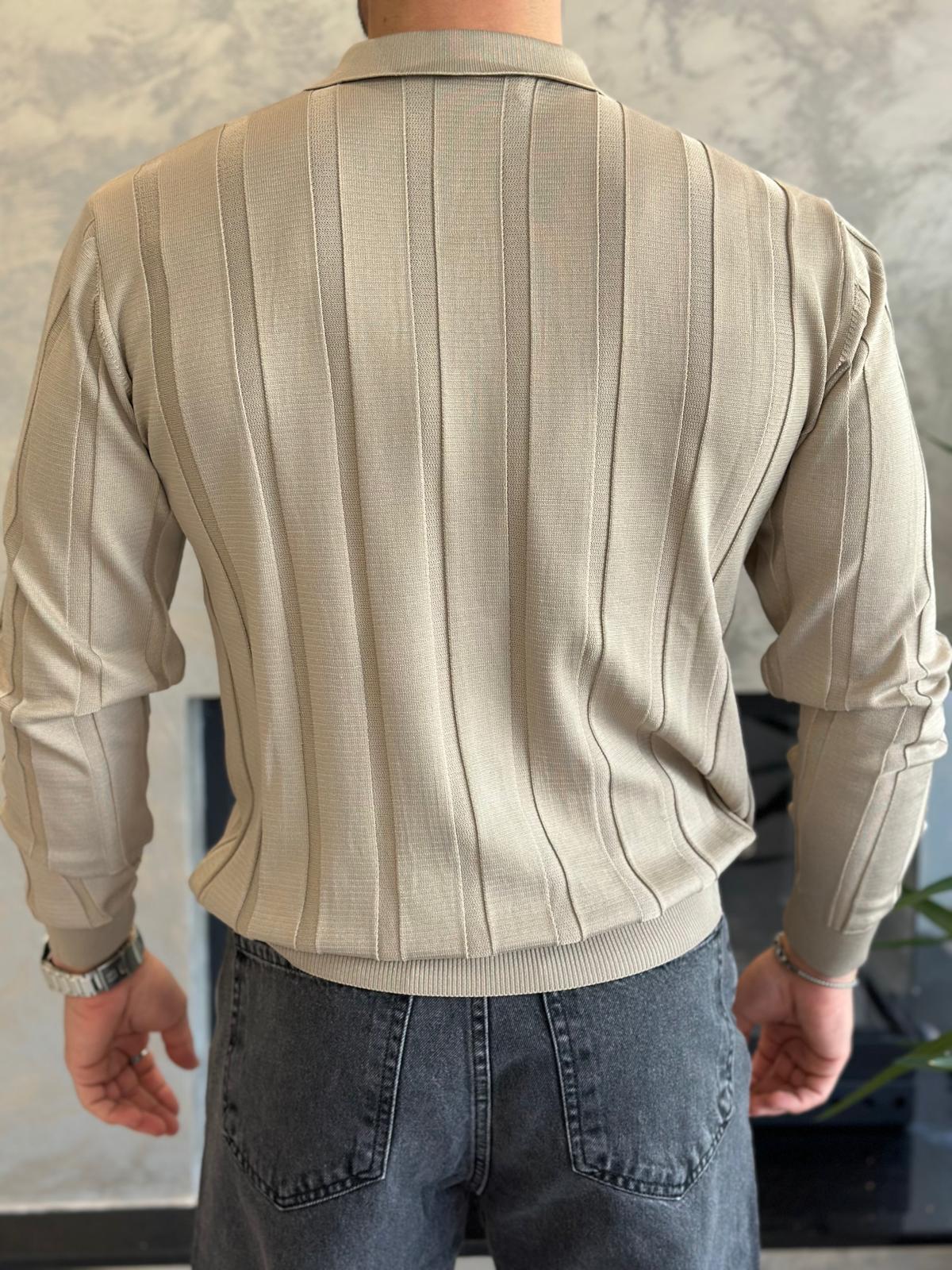 Erkek Regular Fit Yarım Fermuarlı  Fitilli Triko Kazak Kahverengi Eca047