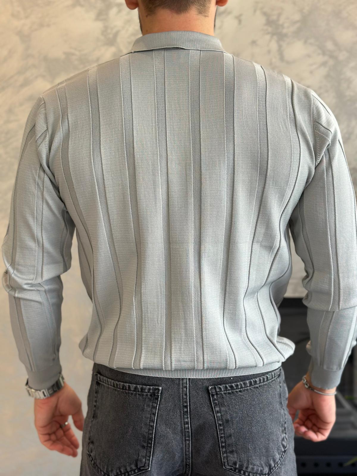 Erkek Regular Fit Yarım Fermuarlı  Fitilli Triko Kazak Gri Eca047