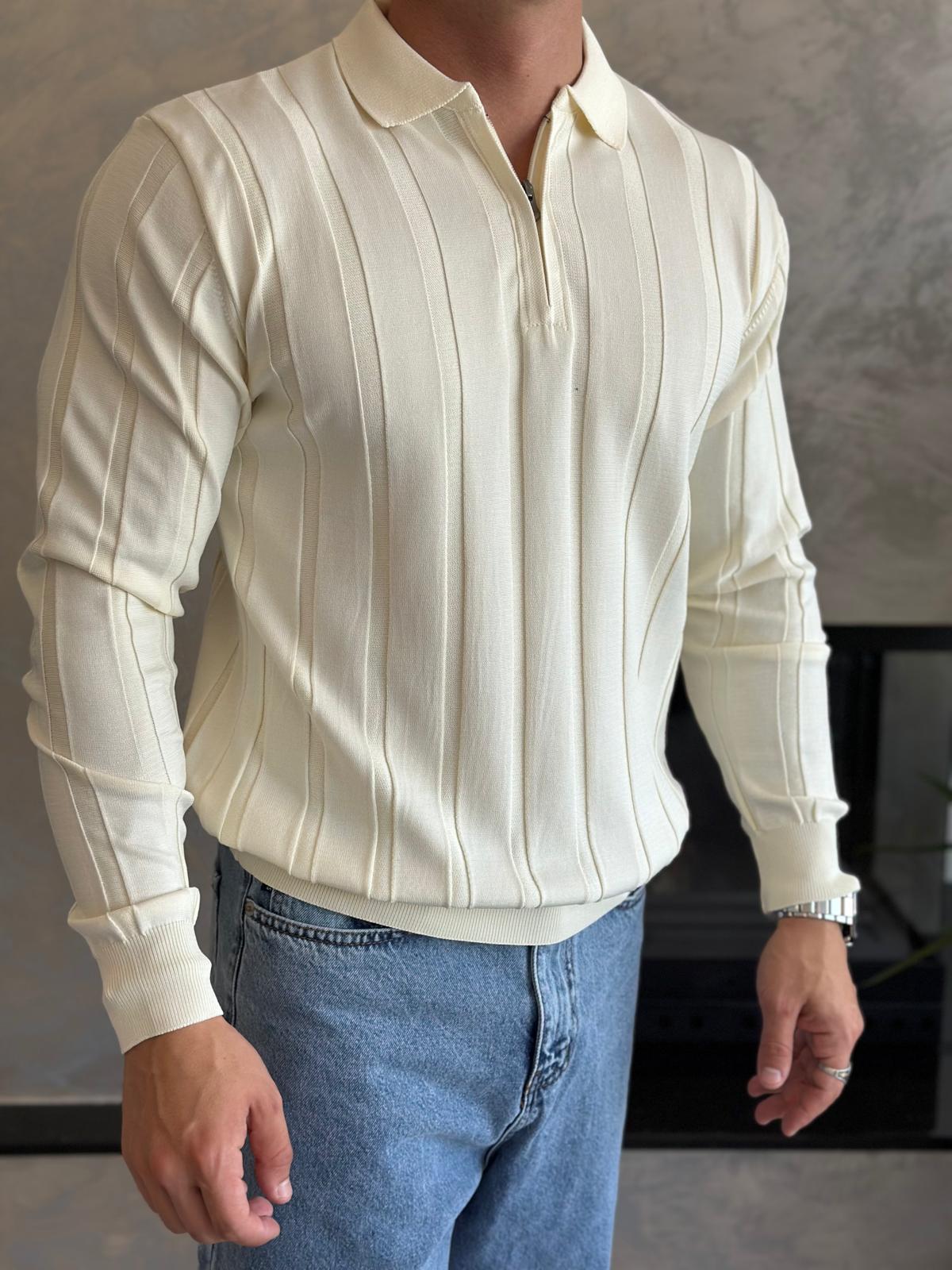 Erkek Regular Fit Yarım Fermuarlı  Fitilli Triko Kazak Krem Eca047