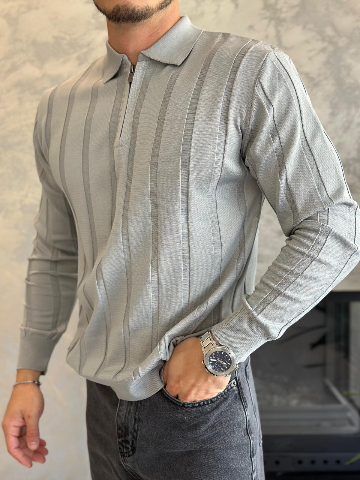 Erkek Regular Fit Yarım Fermuarlı  Fitilli Triko Kazak Gri Eca047