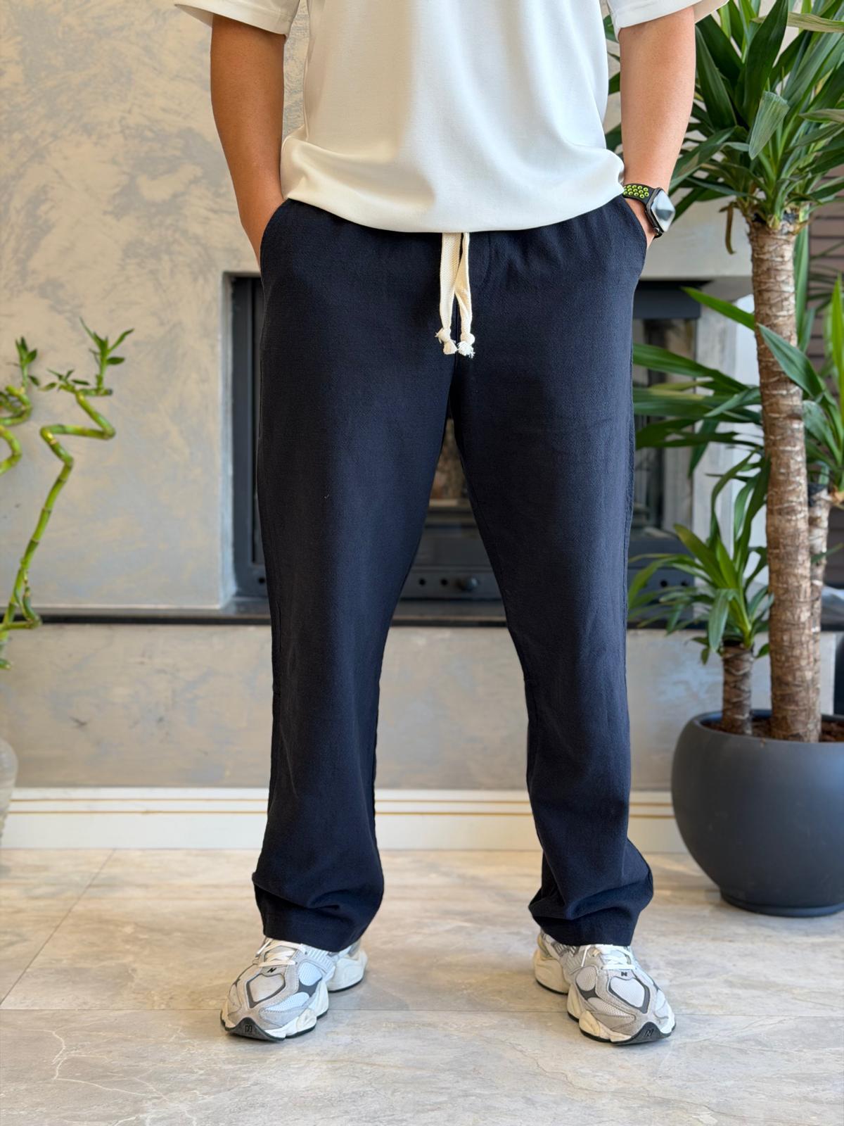 Erkek Relaxed Fit Beli Lastik ve Bağcıklı Keten Pantolon Lacivert Eca062
