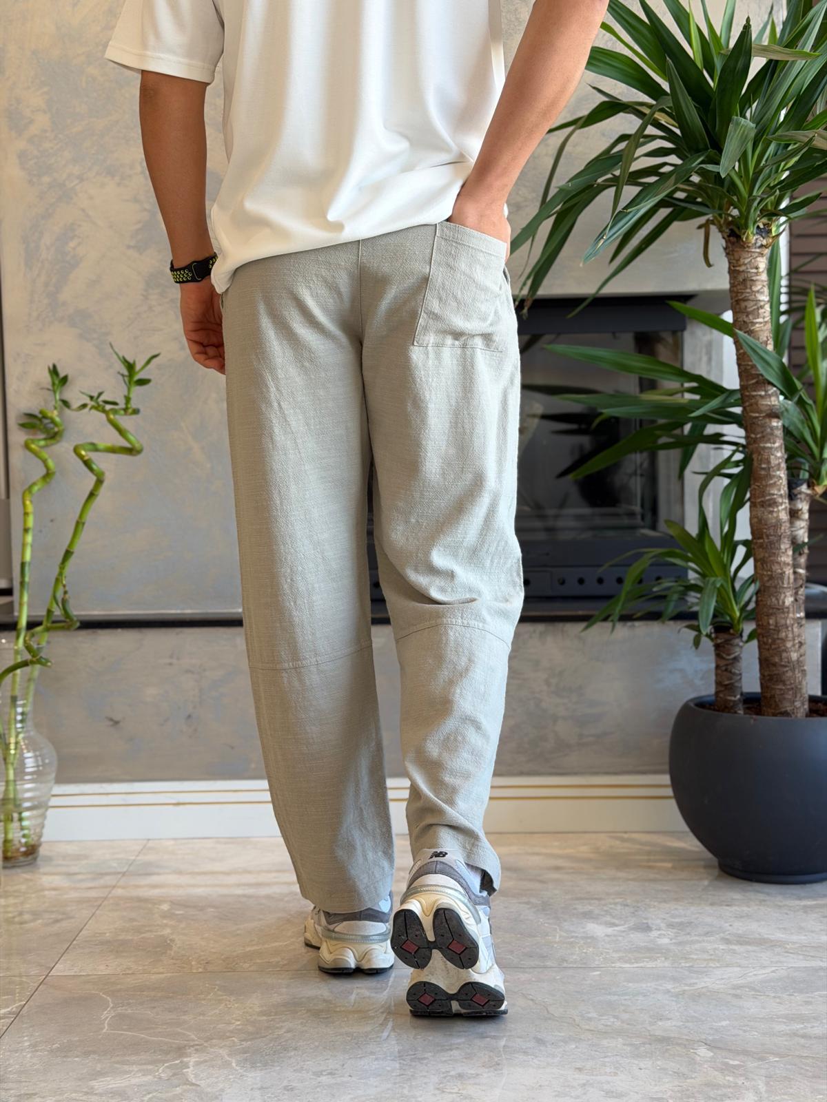 Erkek Relaxed Fit Beli Lastik ve Bağcıklı Keten Pantolon Haki Eca062