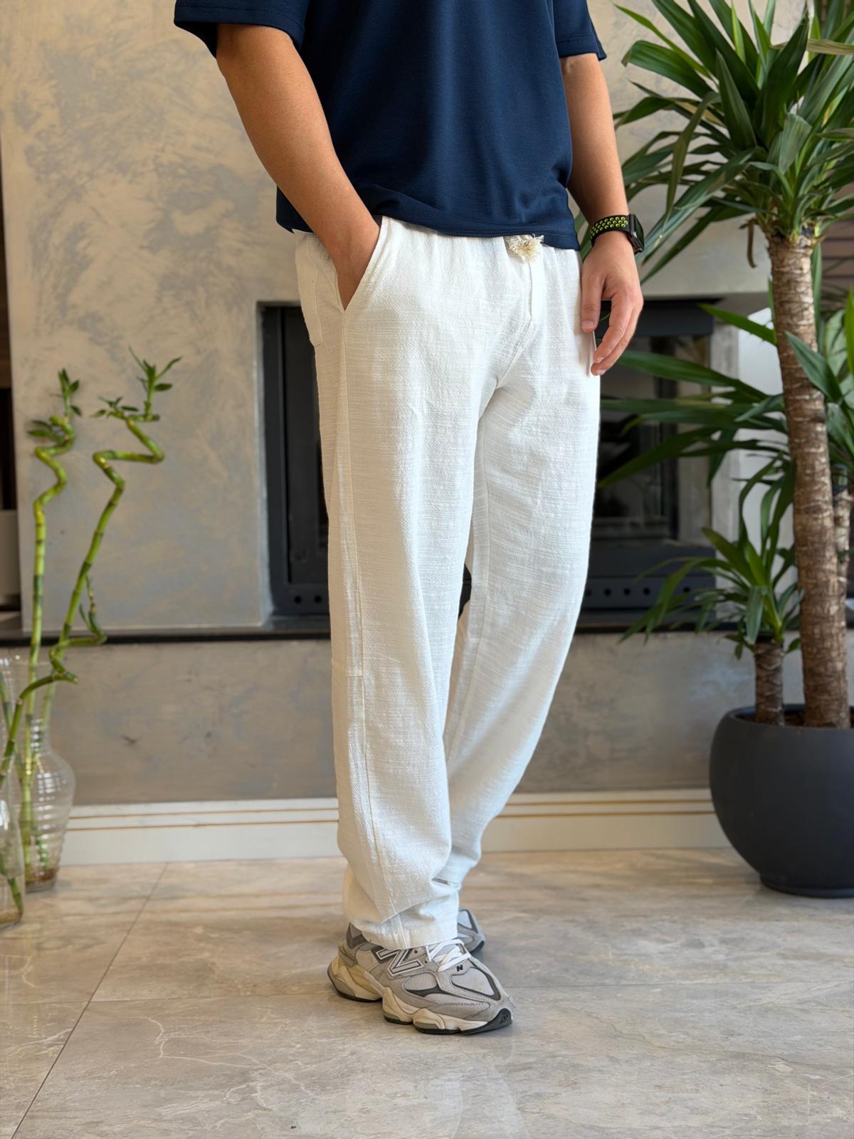 Erkek Relaxed Fit Beli Lastik ve Bağcıklı Keten Pantolon Beyaz Eca062