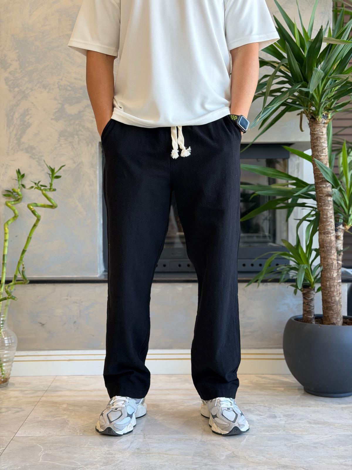 Erkek Relaxed Fit Beli Lastik ve Bağcıklı Keten Pantolon Siyah Eca062