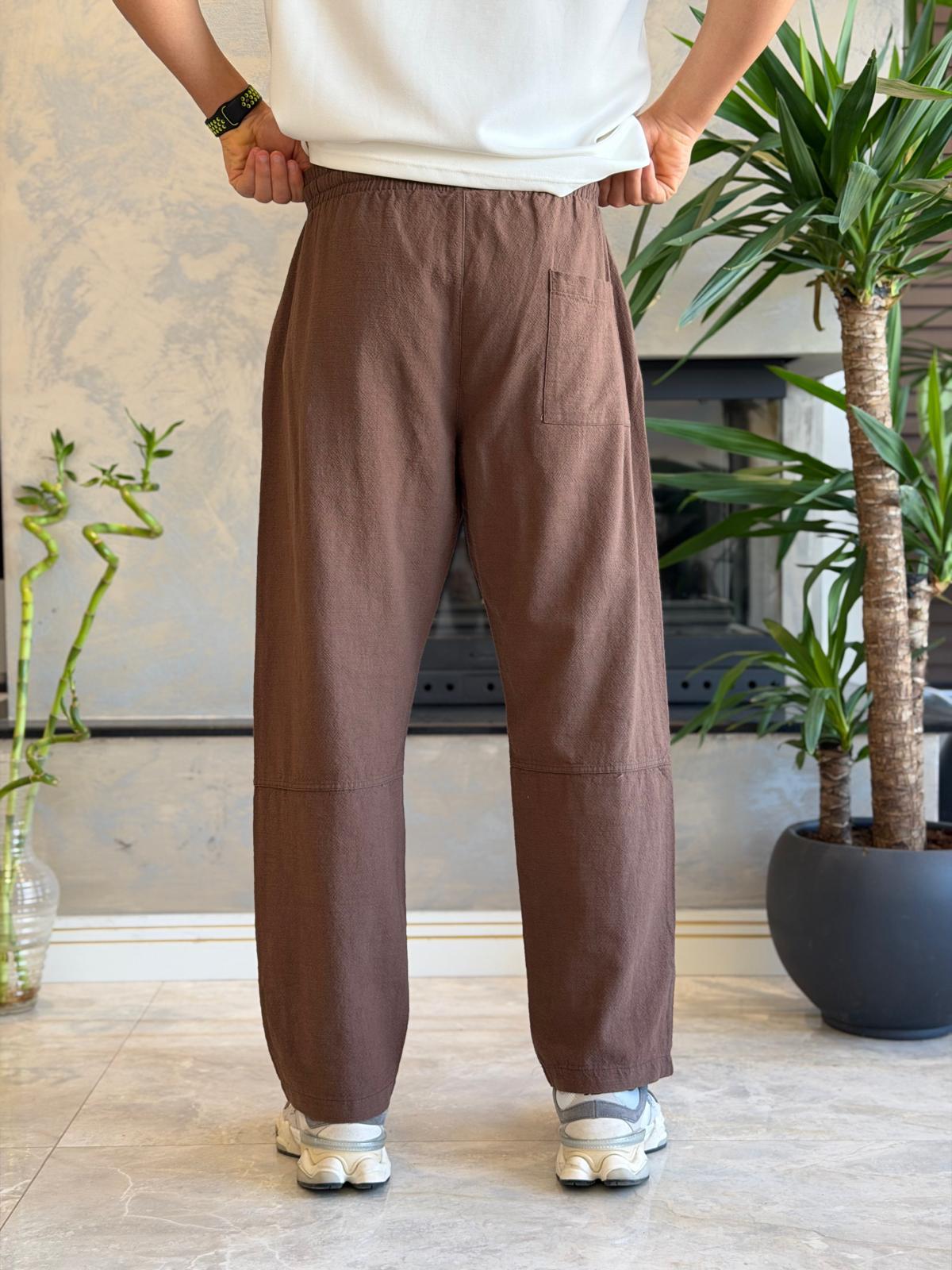 Erkek Relaxed Fit Beli Lastik ve Bağcıklı Keten Pantolon Kahverengi Eca062