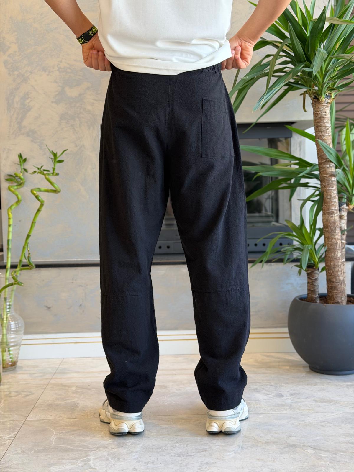 Erkek Relaxed Fit Beli Lastik ve Bağcıklı Keten Pantolon Siyah Eca062