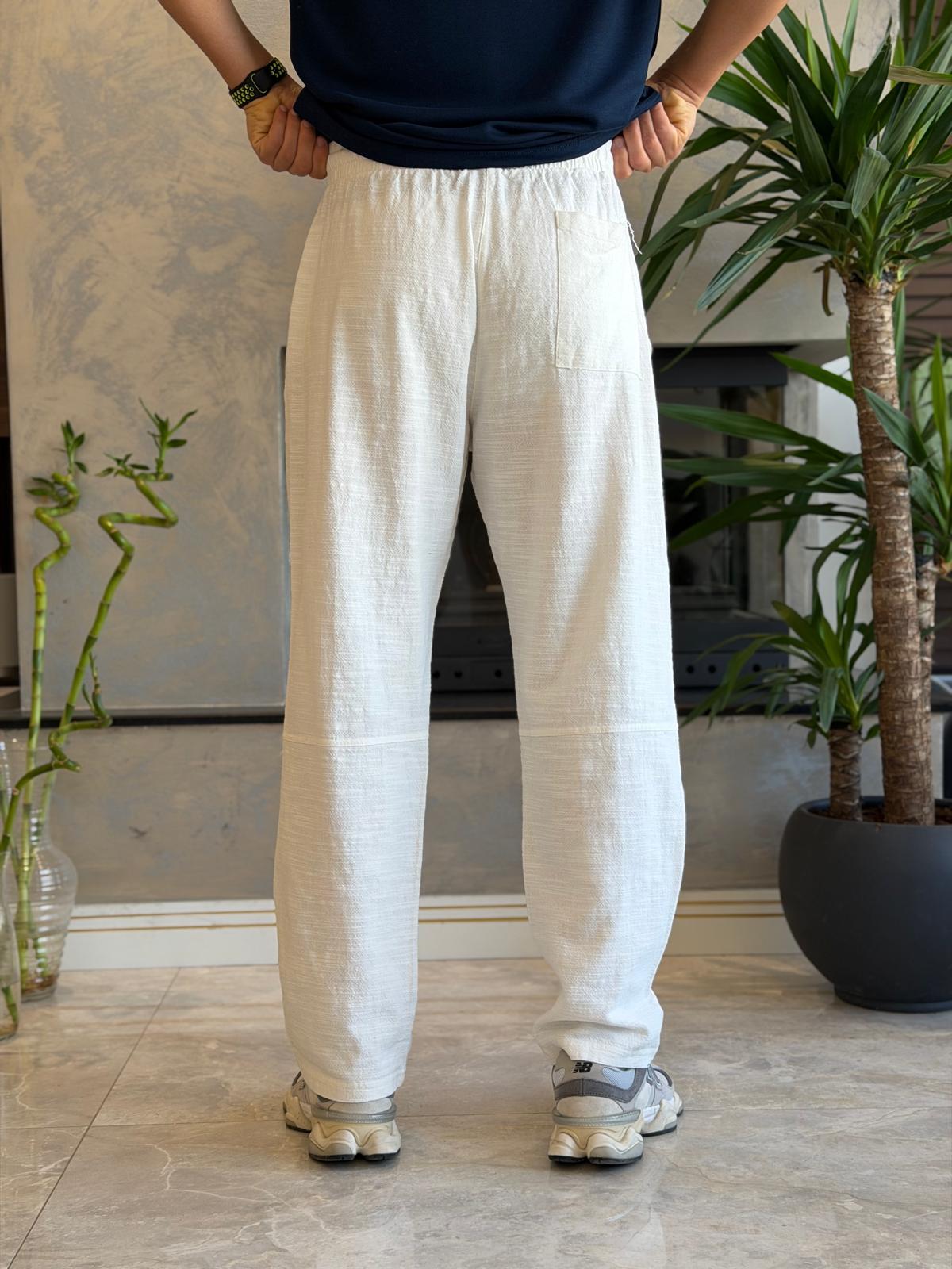 Erkek Relaxed Fit Beli Lastik ve Bağcıklı Keten Pantolon Beyaz Eca062