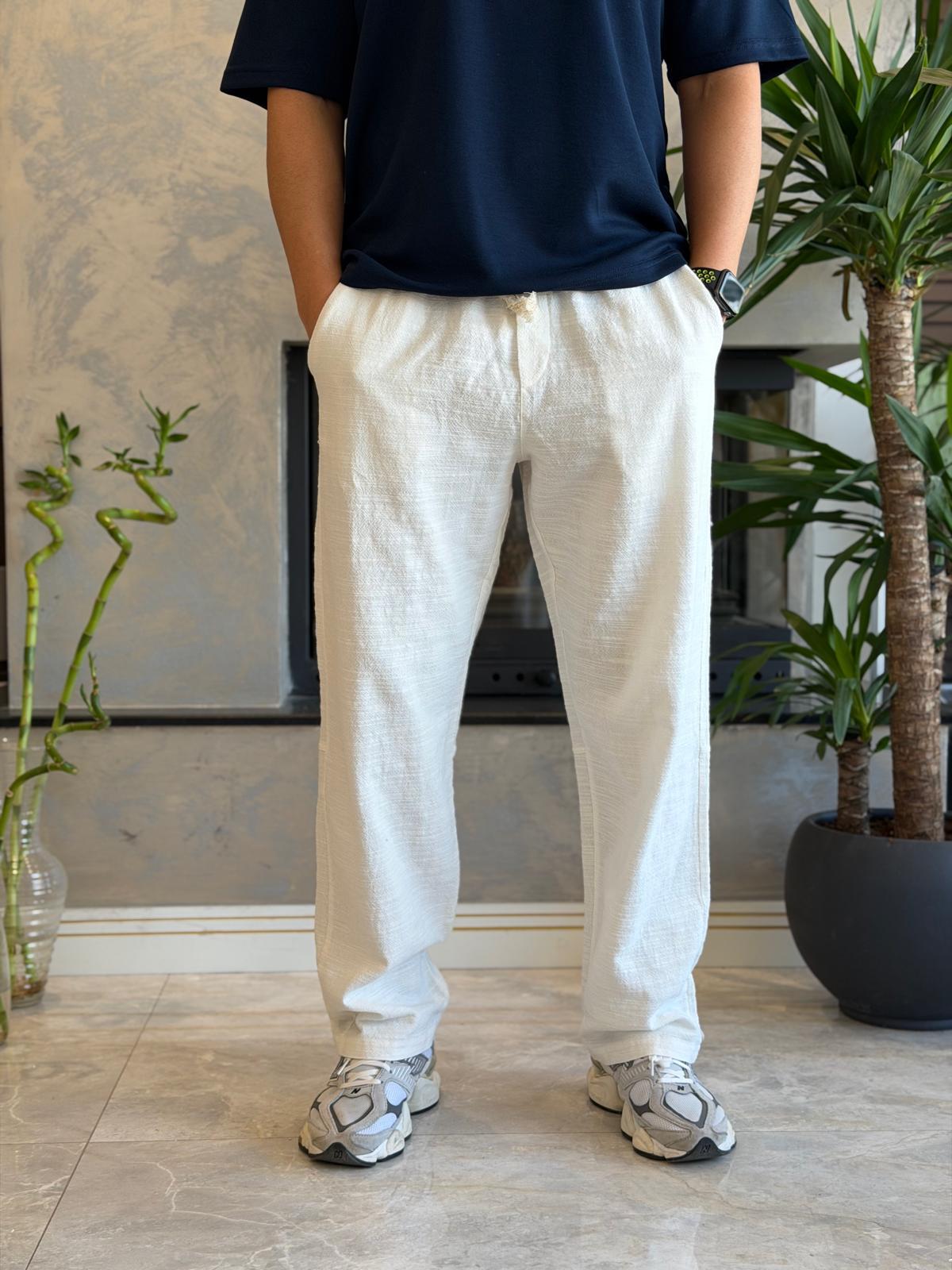 Erkek Relaxed Fit Beli Lastik ve Bağcıklı Keten Pantolon Beyaz Eca062
