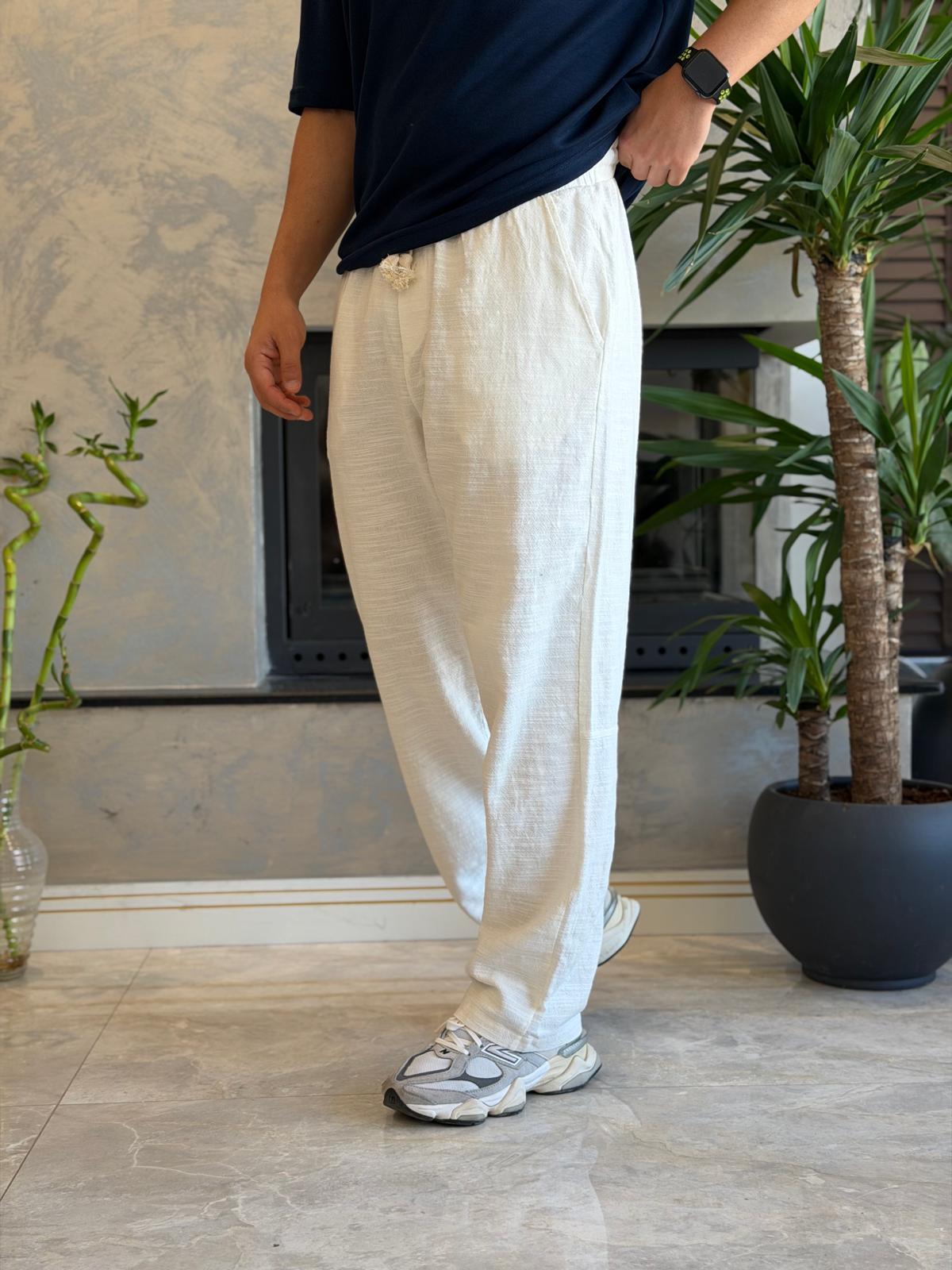 Erkek Relaxed Fit Beli Lastik ve Bağcıklı Keten Pantolon Beyaz Eca062