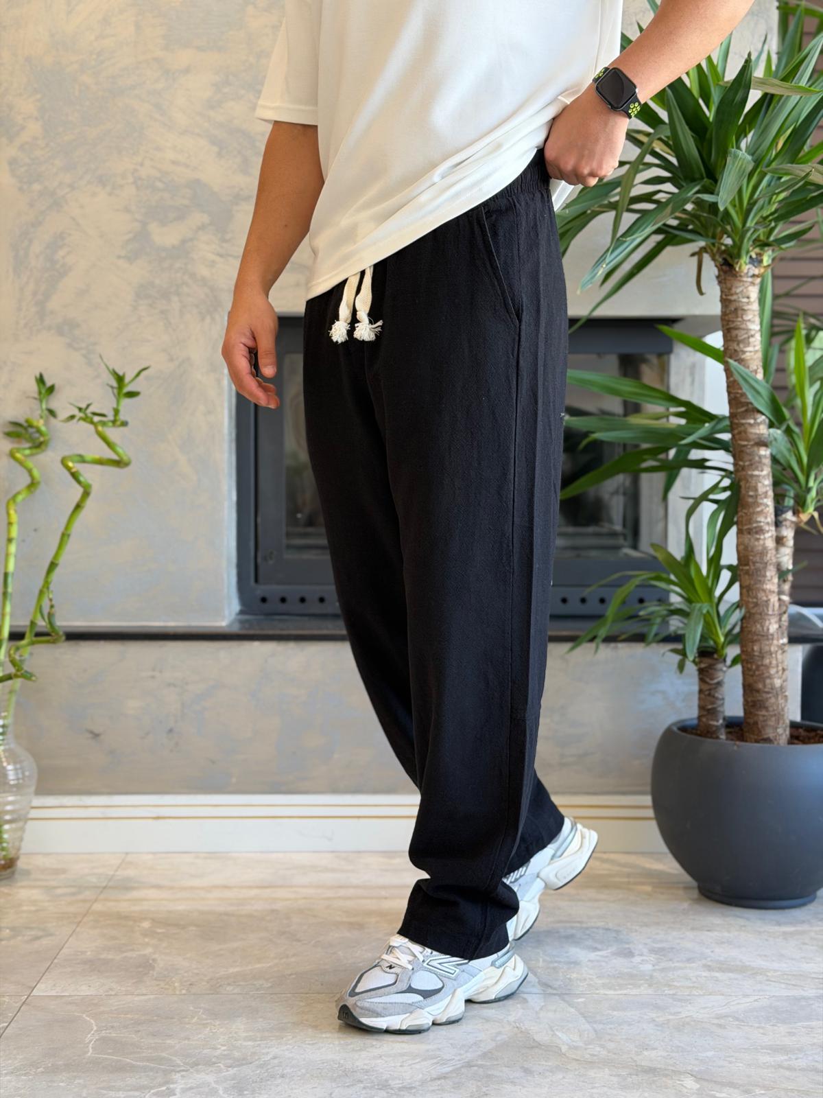 Erkek Relaxed Fit Beli Lastik ve Bağcıklı Keten Pantolon Siyah Eca062