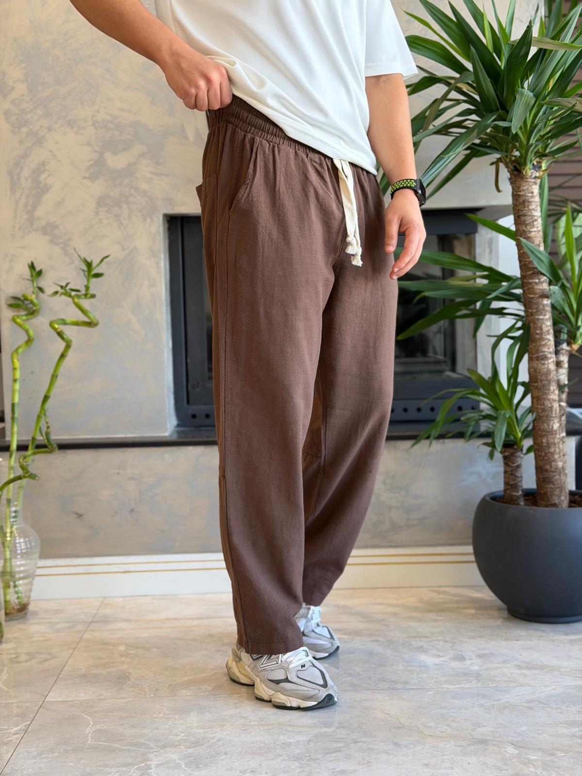 Erkek Relaxed Fit Beli Lastik ve Bağcıklı Keten Pantolon Kahverengi Eca062